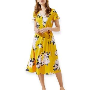 LOFT Bouquet Flutter Yellow Floral Button Down Midi short sleeved Shirtdress 4